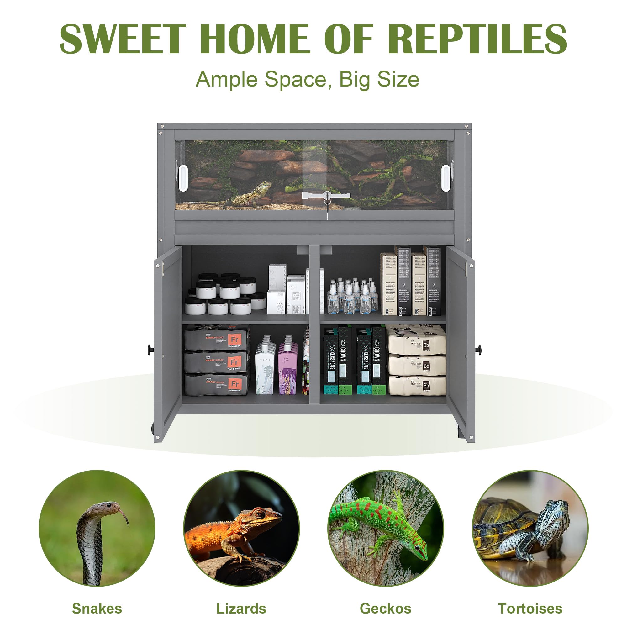 Neocozy Natural Wood Reptile Enclosure,Secure Locking System & All-Terrain Wheels With Built-In Storage Cabinet And Stand, 40 Ga